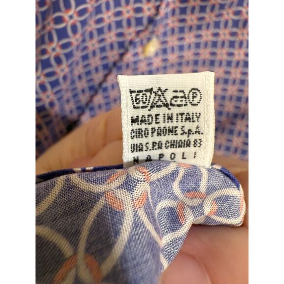 Men's Designer Kiton Cotton Blue Button Down Dress Shirt Orange Print 17.5 x 44 - Picture 4 of 8